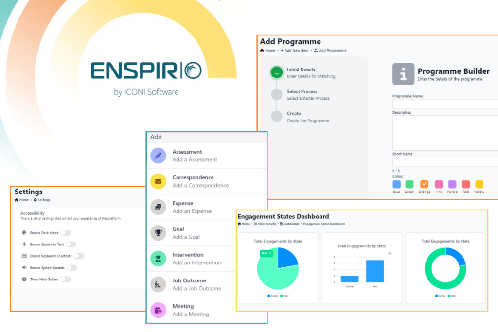 Enspirio by ICONI software screens showing programme creation, settings, insights dashboard